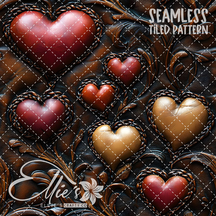 Tooled Leather Hearts - 25 Tiled Pattern Digital Images (Seamless)