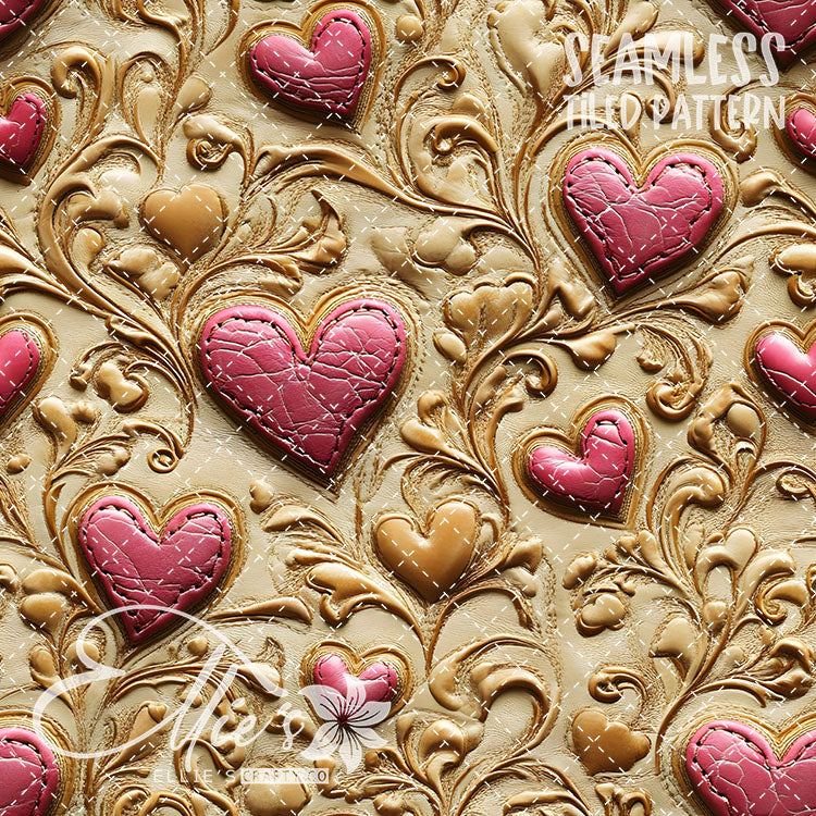 Tooled Leather Hearts - 25 Tiled Pattern Digital Images (Seamless)