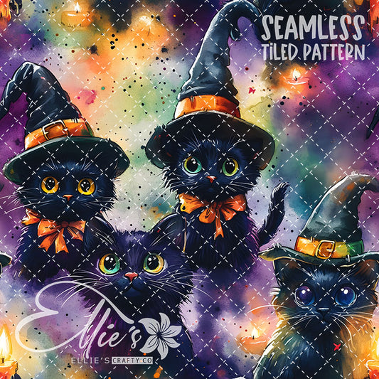 Spooky Black Cats V1  - 12 Tiled Pattern Digital Images (Seamless) - 12 Pen Wraps (Seamless)