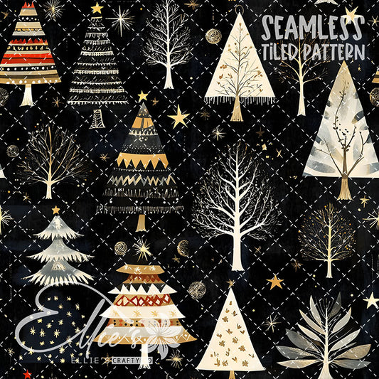 Boho Christmas Trees - 10 Tiled Pattern Digital Images (Seamless)