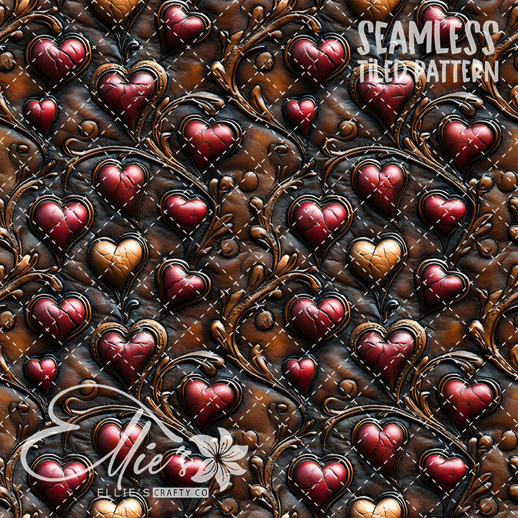 Tooled Leather Hearts - 25 Tiled Pattern Digital Images (Seamless)